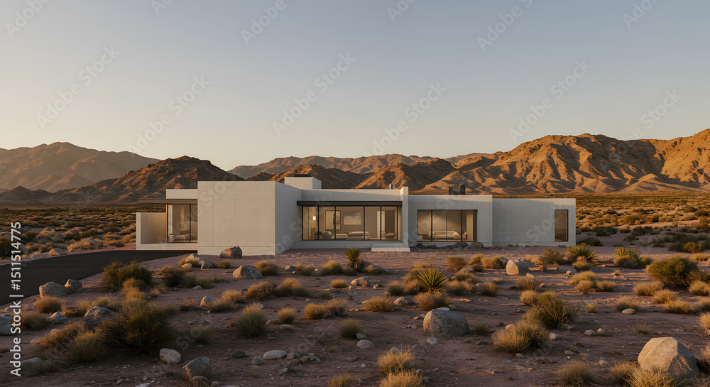 Fototapeta premium Modern Desert Home With Mountain Backdrop At Sunset Or Sunrise