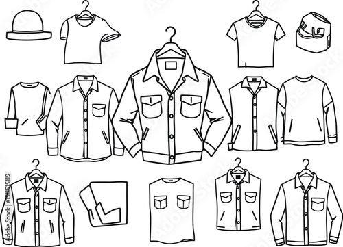 Vector illustration set of men's fashion clothing designs including shirts, jackets, and suits