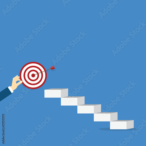 Goal, motivation to success. Climb up stairs to reach goal target on the top.	