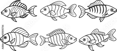 Set of bony fish line art vector illustration