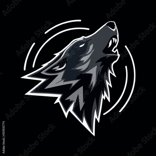 A bold, vector-style illustration of a howling wolf head facing upwards. Designed in monochrome shades of gray and black, with sharp, clean lines and soundwave elements to emphasize the howl, set on a
