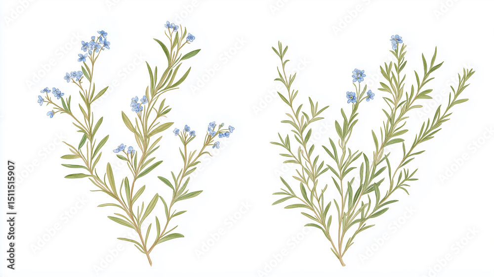 Fototapeta premium Delicate watercolor painting of forget-me-not flowers and green foliage on a white background