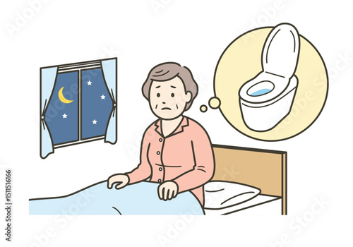 睡眠中に尿意を覚えストレスを感じる夜間頻尿に悩む高齢女性のイラスト