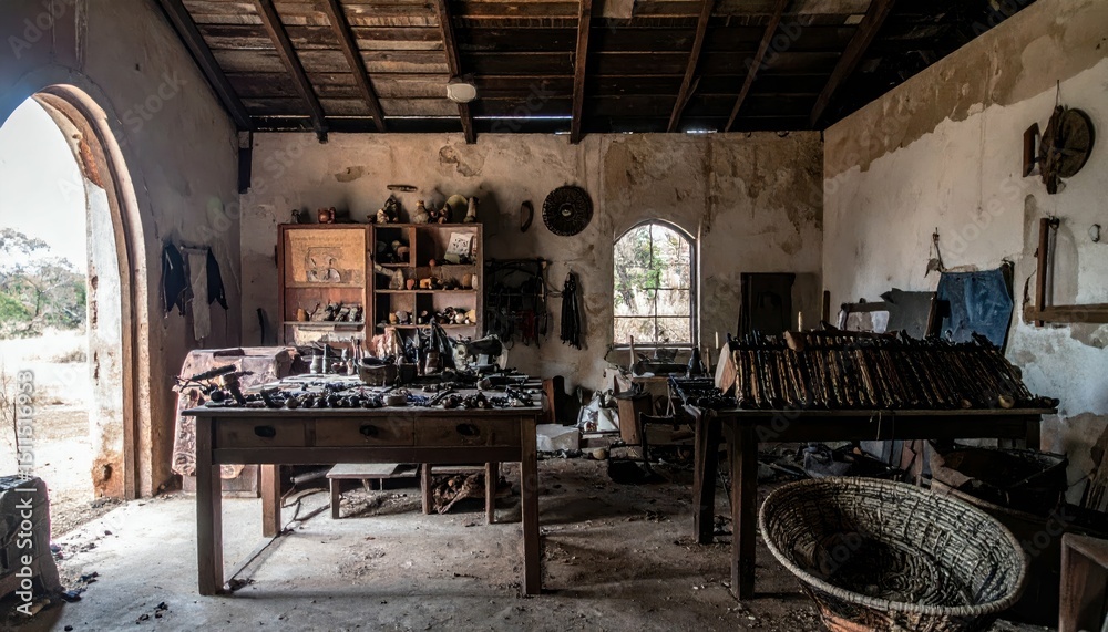 Naklejka premium Dark and Abandoned Workshop with Xhosa Beadwork and Artistic Elements