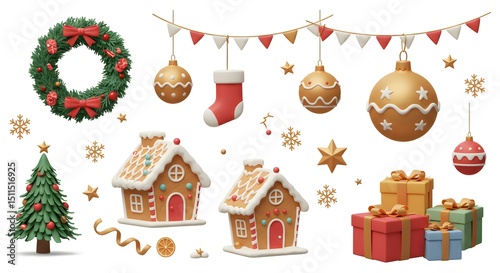 Festive 3D Christmas Decorations Wreaths, Gingerbread Houses, Ornaments, and Gifts – Perfect for Holiday Designs