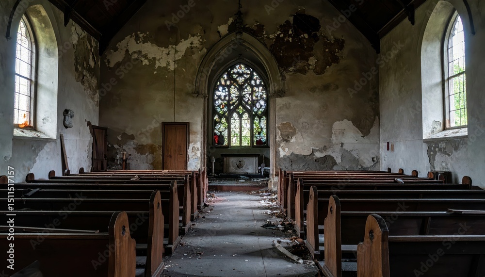 Fototapeta premium Abandoned Church Interior with Broken Pews and Shattered Glass