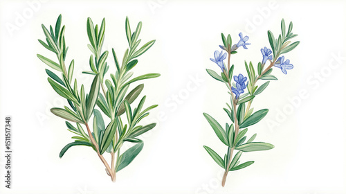 Hand painted watercolor illustration of fresh rosemary sprigs with and without blooms