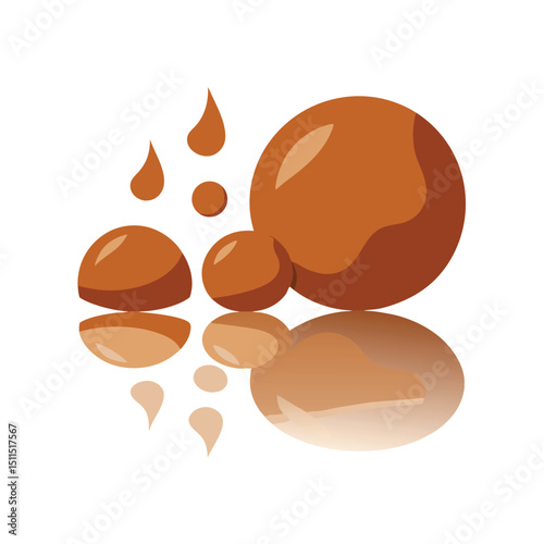 Abstract illustration of brown spheres and drops with reflections on white background