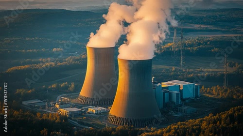 Aerial View of Nuclear Power Plant with Steam Emissions and Surrounding Forest