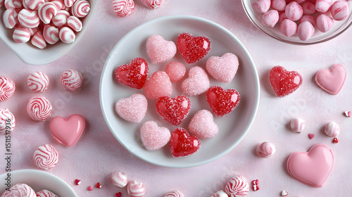 Sweet Valentine's Day candy table with various pink heart-shaped candies