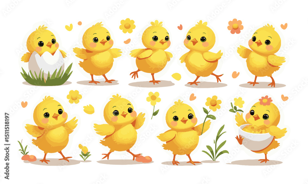 Fototapeta premium Modern vector illustration set featuring adorable baby chicks in various playful poses , Include elements such as chicks hatching from eggs, walking, dancing, easily editable and scalable.