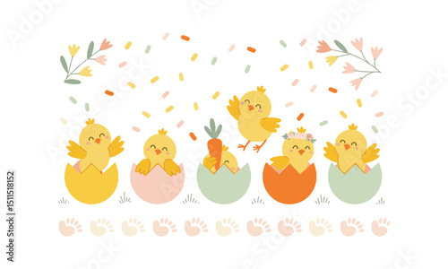 Modern vector illustration set featuring adorable baby chicks in various playful poses , Include elements such as chicks hatching from eggs, walking, dancing, easily editable and scalable.
