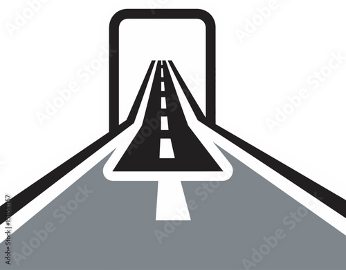 A black and white silhouette of a straight road with dashed lines gently into the distance, evoking depth and journey.