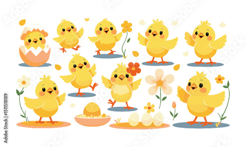 Modern vector illustration set featuring adorable baby chicks in various playful poses , Include elements such as chicks hatching from eggs, walking, dancing, easily editable and scalable.