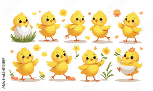 Modern vector illustration set featuring adorable baby chicks in various playful poses , Include elements such as chicks hatching from eggs, walking, dancing, easily editable and scalable.
