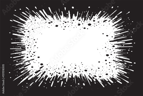 Dynamic black and white ink splatter frame with grunge texture. Perfect for posters, comics, album art, and bold graphic design. High contrast splash border creates dramatic visual impact.