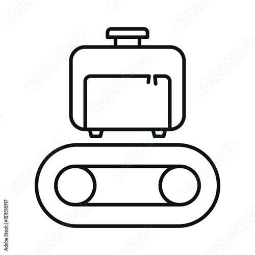 Baggage conveyor icon featuring a suitcase on a moving belt for travel and airport systems