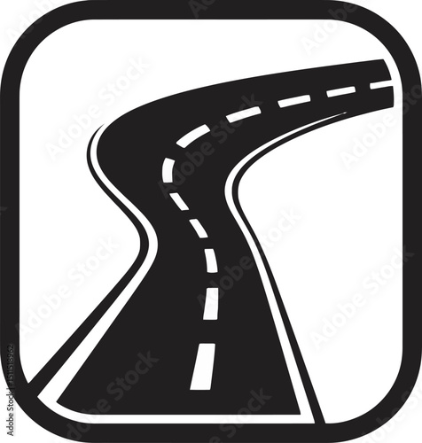 A black and white silhouette of a straight road with dashed lines gently into the distance, evoking depth and journey.