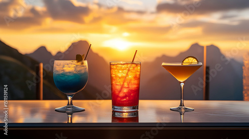 Three colorful cocktails on a sleek bar counter, overlooking a stunning mountain sunset