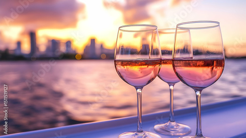 Three glasses of rose wine on a yacht deck at sunset, overlooking a distant city skyline