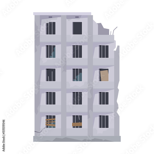 An illustration of a ruined building with broken windows and damaged walls, highlighting the dilapidated and abandoned state of the structure.