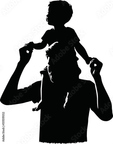 Silhouette black and white vector of a father holding child on shoulders on a white background