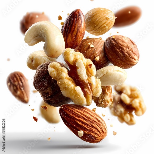 Delicious Mixed Nuts Almonds Walnuts Cashews  Healthy Snack Food on white background