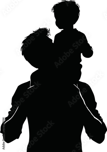 Silhouette black and white vector of a father holding child on shoulders on a white background