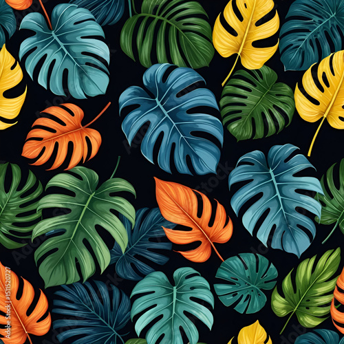 Vibrant tropical leaf pattern on a dark background.