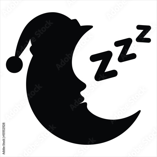 Black silhouette vector of a crescent moon with floating Zzz symbols nearby
