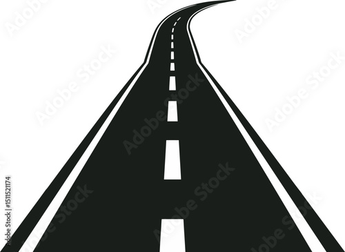A black and white silhouette of a straight road with dashed lines gently into the distance, evoking depth and journey.