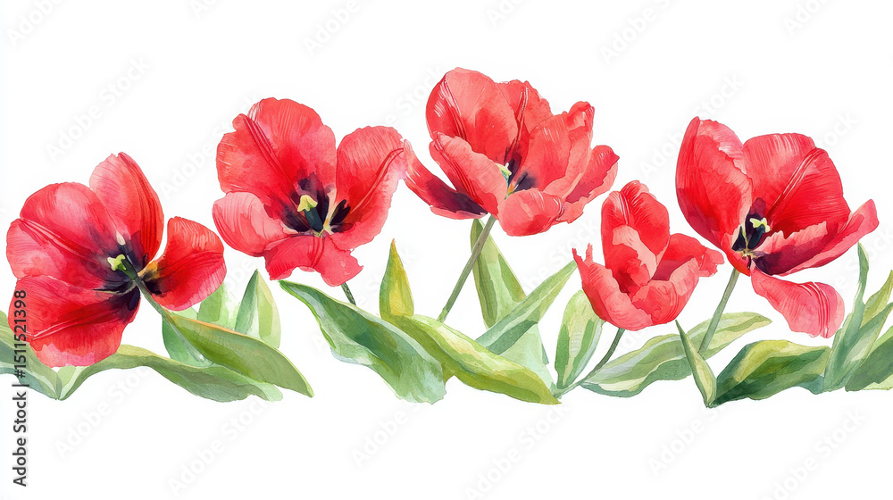 Obraz premium Watercolor botanical illustration of vibrant red tulips with lush green leaves, evoking sense of beauty and freshness