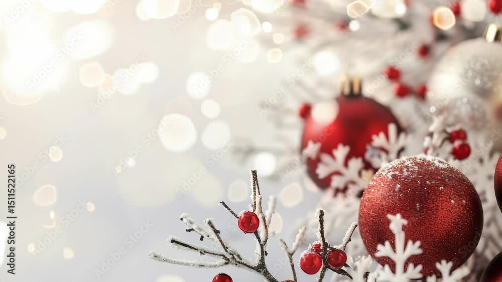 An elegant holiday scene featuring red ornaments, frosted white branches with berries, and soft bokeh lights. A festive celebration of Christmas or winter holidays.