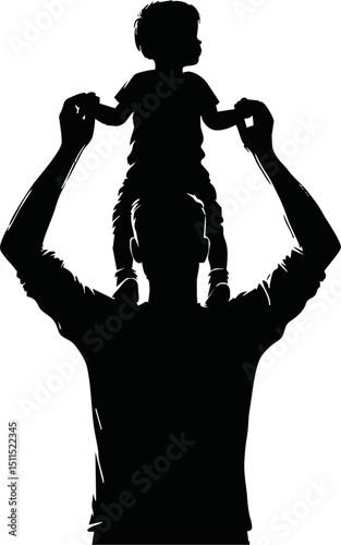 Silhouette black and white vector of a father holding child on shoulders on a white background