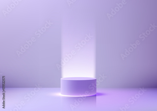 lavender cylindrical podium with ethereal light beam on reflective surface, modern technology concept mockup