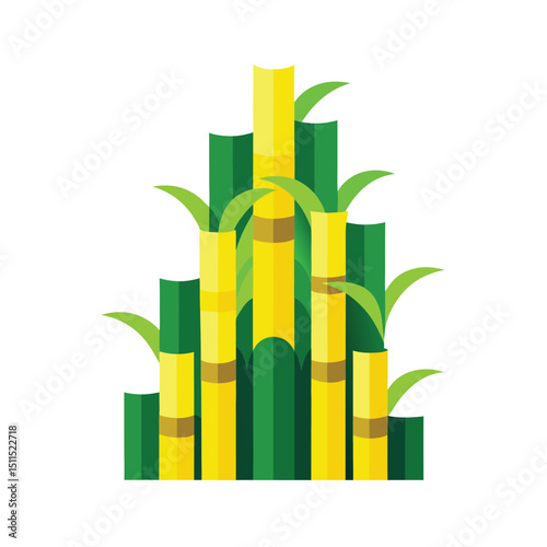 Stylized illustration of sugarcane stalks with green leaves on a pure white background