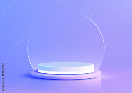 softly lit two tiered cylindrical podium in pastel blues and purples with a translucent arch, ideal for minimalist product showcase, technology concepts