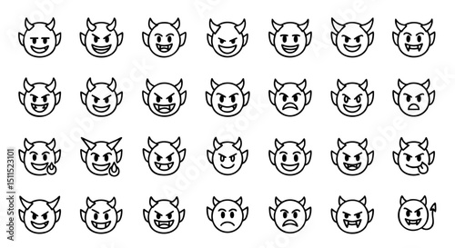 A set of simple line art devil emoji icons with horns and various mischievous and evil expressions.