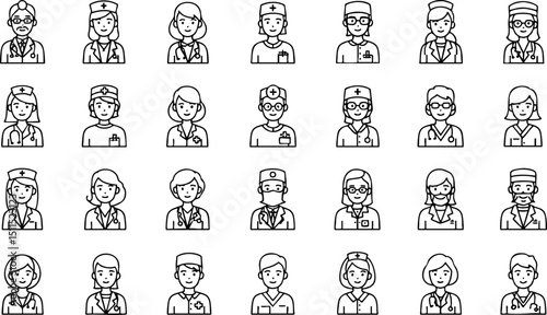 A collection of simple line art avatars of medical professionals, including doctors and nurses, with various hairstyles and wearing medical attire like scrubs and stethoscopes.