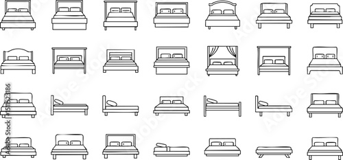 A set of simple line art illustrations depicting various bed designs, including double beds, single beds, beds with headboards, and a canopy bed, shown in elevation.