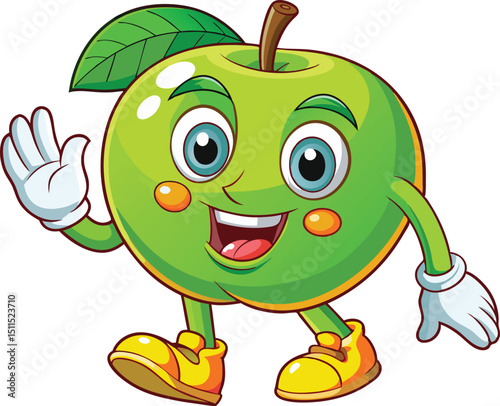 Retro Cartoon Green Apple Character Dancing with Smile in Vintage Vector Style