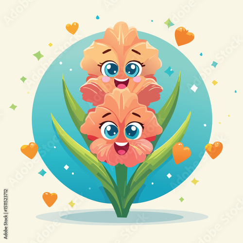 Gladiolus in cute cartoon character style with expressive face and limbs.