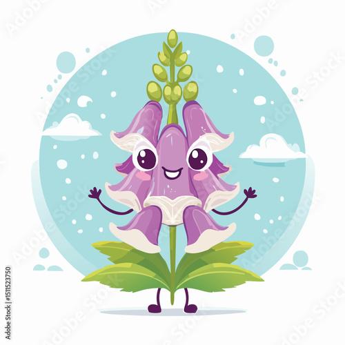 Foxglove in cute cartoon character style with expressive face and limbs.