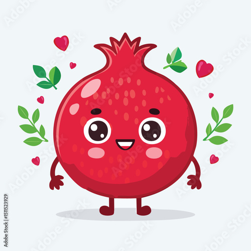 Pomegranate in cute cartoon character style with expressive face and limbs.