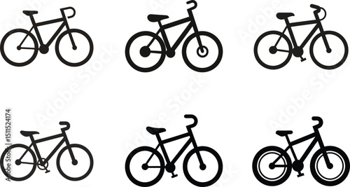 Black vector silhouette icons of bicycles, including mountain bikes and road bikes, perfect for illustrating sports, transportation, and cycling