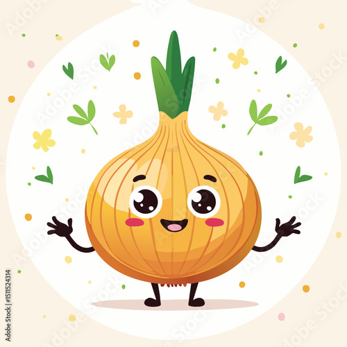 Onion in cute cartoon character style with expressive face and limbs.