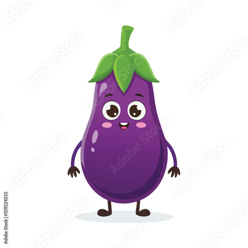 Eggplant in cute cartoon character style with expressive face and limbs.