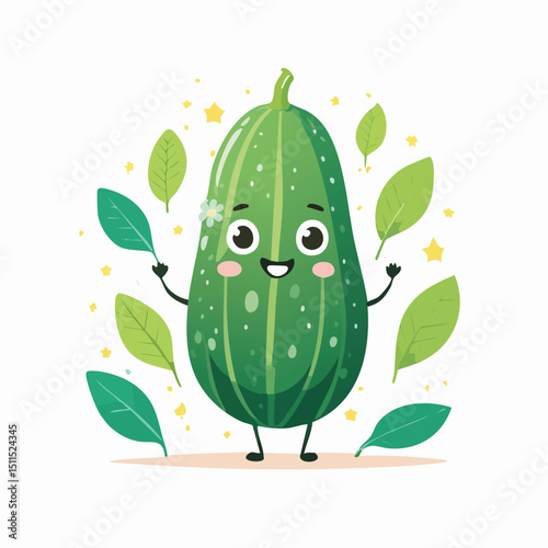 Cucumber in cute cartoon character style with expressive face and limbs.