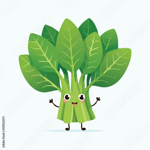 Spinach in cute cartoon character style with expressive face and limbs.