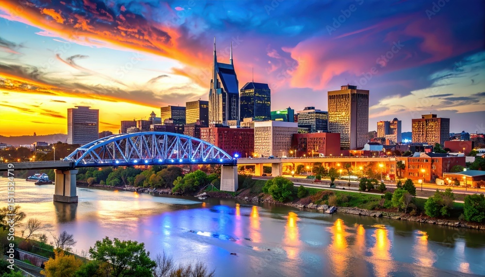 Fototapeta premium Breathtaking Nashville Skyline at Sunset over River and Bridge